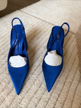 Brand new ZARA Royal Blue Satin Pointed Slingback Heels